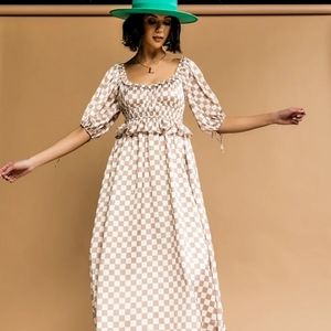 NWOT Dressed in Lala Kaleidoscope Checkered Midi Dress in Tan large